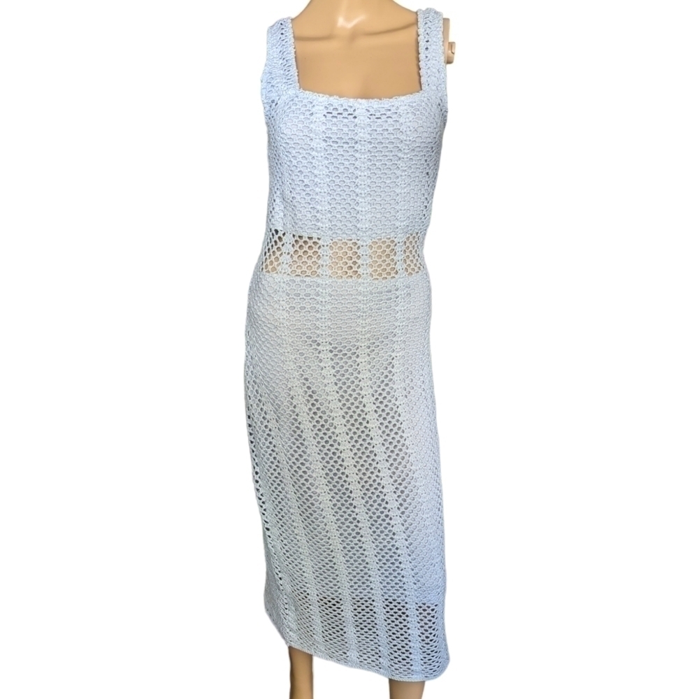 LUCY Paris Mia Light Blue Open Knit Crochet Midi Dress Size Small - Picture 6 of 10